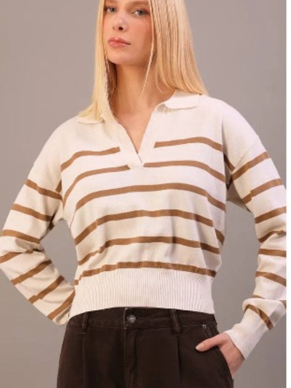 Calvin Klein Jeans Collared V Neck Striped Cotton Cropped Sweater - Picture 10 of 10